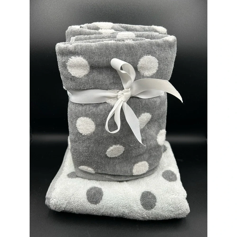 ALFRED SUNG ECO MELANGE GRAY WHITE POLKA DOT DESIGN COTTON FLUFFY 3 HAND TOWELS